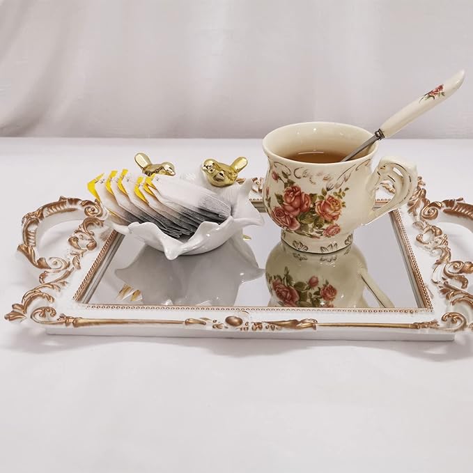 Small Rectangle Decorative Mirror Tray, French Style, Makeup Organizer, Jewelry Organizer, Serving Tray, 13"x 7.8", Golden White