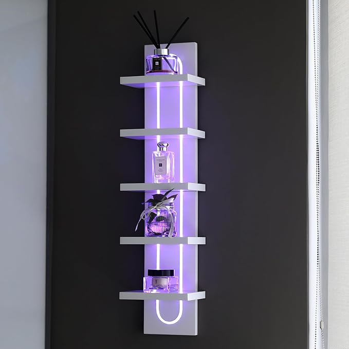 Exclusive U-Shaped 5-Tier Compact Narrow Wall Shelf Unit with RGB Lighting, Modern Vertical Shelf for Vanity, Ideal for Anime Figures, Perfumes, Cosmetics, Collectibles,White