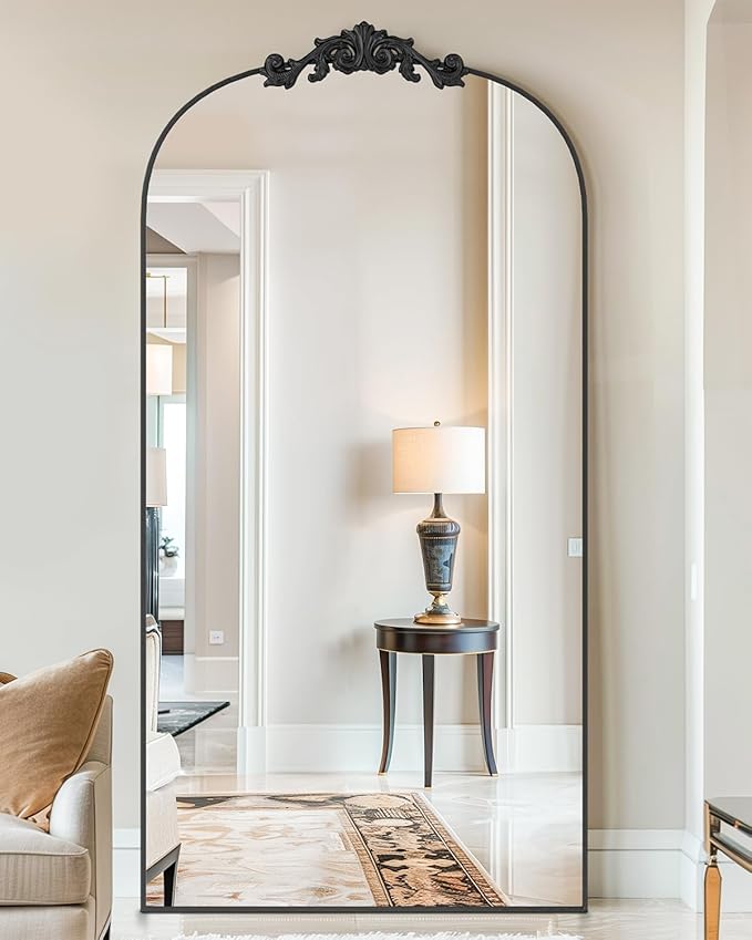 Vintage Full Length Mirror,78"x38" Arched Antique Floor Mirror with Carved Metal Frame,Large Standing Wall Mounted or Leaning Mirror for Bedroom Living Room Entryway,Black
