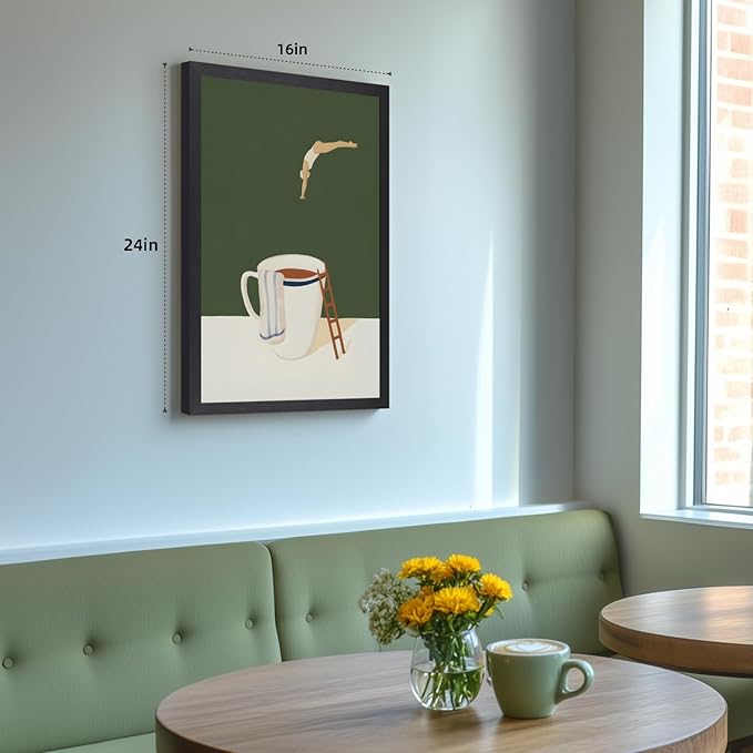 Cyebmo Modern Coffee Wall Art, Funny Diver Wall Decor, Vintage Kitchen Wall Decor, Minimalist Cafe Canvas Painting, Green Abstract Espresso Artwork for Kitchen Cafe Coffee Bar Wood Framed 16x24 Inch