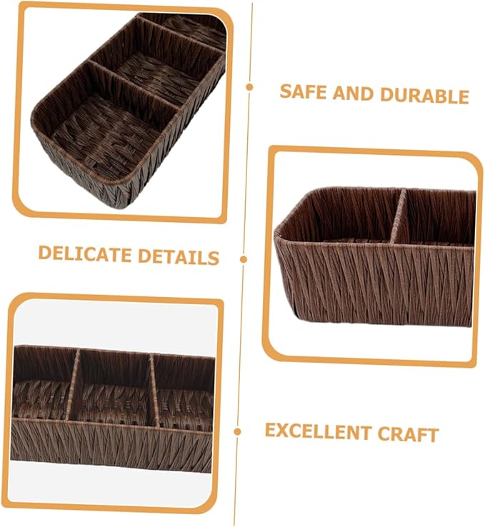 Vintage Woven Storage Box Organizer 3 Compartments Imitated Rattan Design Decorative Tabletop Sundries Basket for Home Office and Craft Supplies