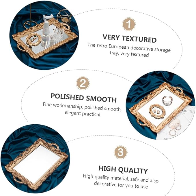 Zerodeko Retro Mirror Tray Decorative Storage Plate for Cosmetics and Perfume, Golden Rectangular Vintage Makeup Organizer for Home Décor and Photography Display