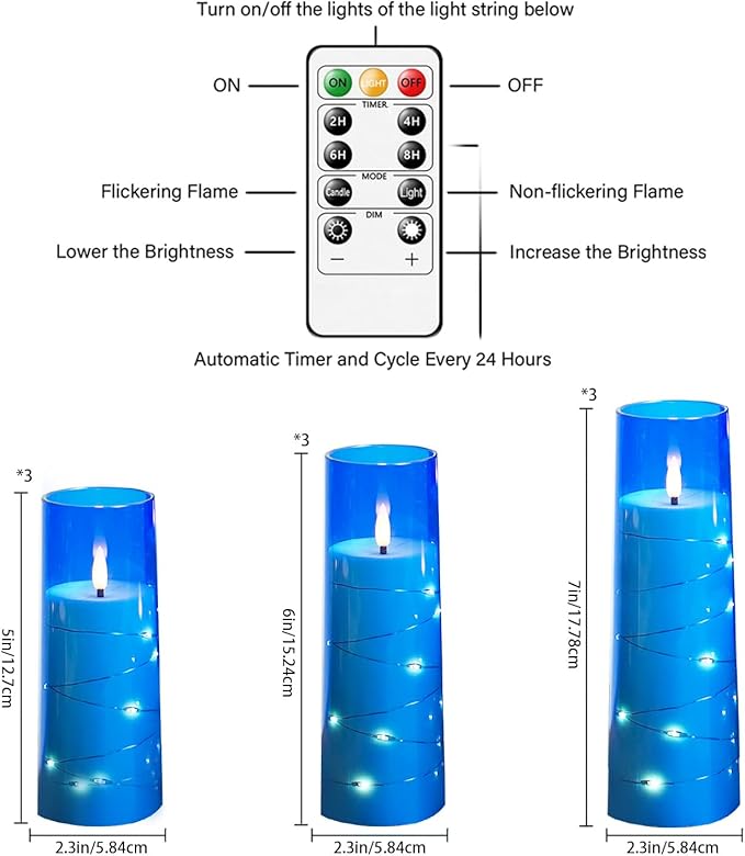 Nimiko Flickering Flameless LED Candles,Battery Operated Candles 9 Pcs with Embedded Star String,Acrylic LED Pillar Candles with Remote,Suitable for Home Decoration to Create an Atmosphere (Blue)