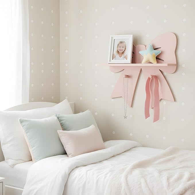 Bow Shaped Floating Shelf with Hooks - Cute Pink Wooden Wall Decor for Girls Nursery & Bedroom, Trinket Display Organizer
