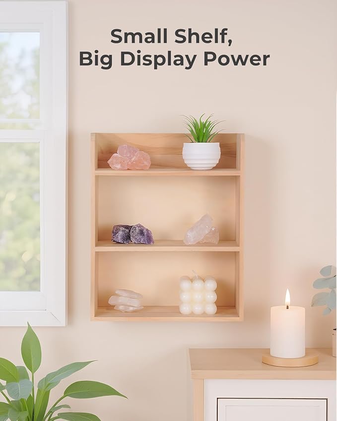 3-Tier Trinket Shelf, Small Display Shelf for Wall or Countertop, Solid Wood Knick-Knack Shelf for Collectibles, Crystals & Spice Village Storage, Natural Unfinished, DIY Stain