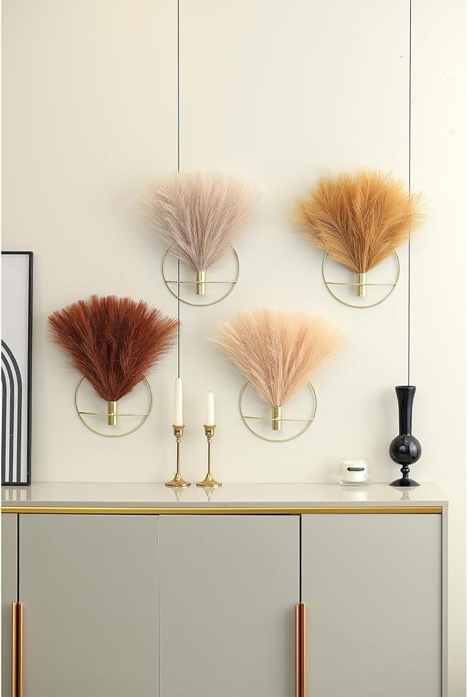 Pretty Jolly Boho Wall Decor - Mounted Metal Hanging Artificial Pampas Display for Living Room, Bedroom, Bathroom, Dining Room - Plant Art 2 Pack