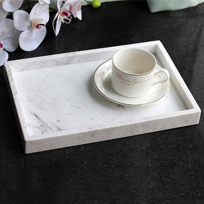 Natural Marble Storage Vanity Tray, Cosmetics Jewelery Tray, Kitchen Organizer, Coffee Table Tray (Volakas White, Glossy Surface, 11.8L x 7.87W x 1.18H)