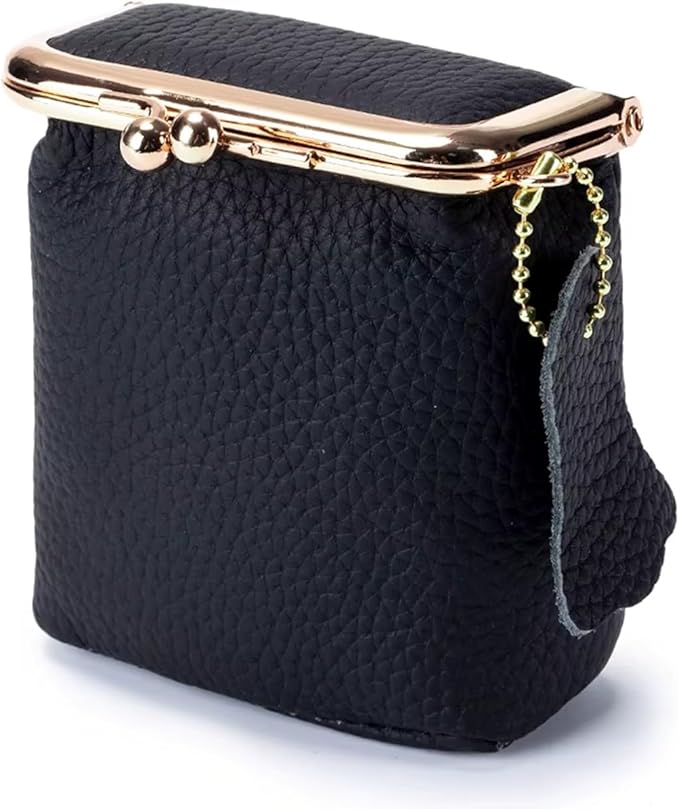 Genuine Leather Mini Jewelry Box for Women, Square Coin Purse with Kiss Lock, Makeup Cosmetic Bag Organizer Travel Case (Large, Black)