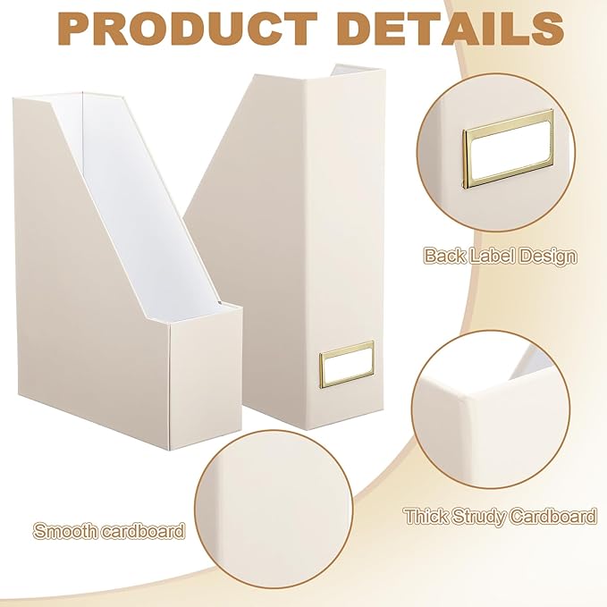 Feifeiya Magazine File Holder Set of 6 Stylish Sturdy Cardboard File Boxes Desk Organizer Beautiful Magazine Holder Rack with Gold Label Holder for Home Office Desktop Bookshelf Classroom(Beige)
