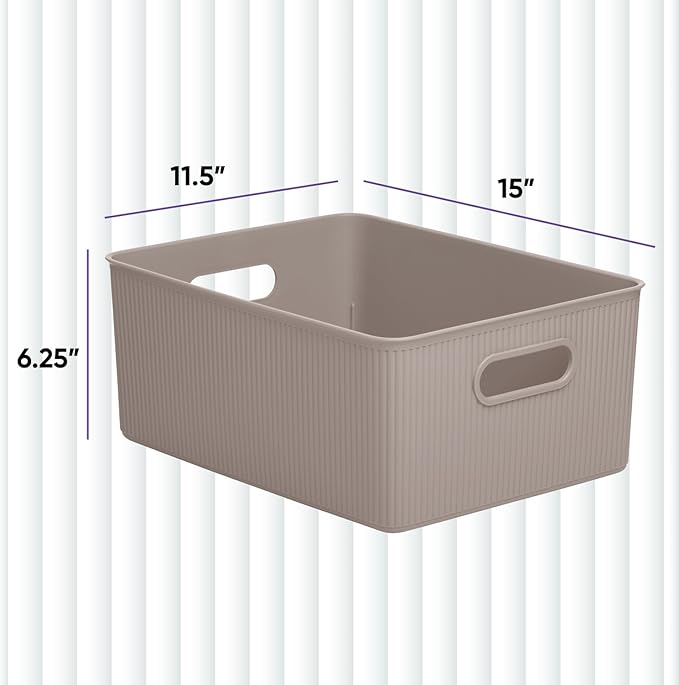 Superio Ribbed Collection - Decorative Plastic Basket Open Home Storage Bins Organizer, Large Taupe (1 Pack) Container Boxes for Organizing Closet Storage Bins for Shelves 15 Liter/16 Quart