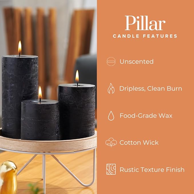 Simply Soson 3x6 inch Black Pillar Candles Set of 3, Rustic Texture, Unscented Black Candles, Dripless Candles, 3 inch Pillar Candles Ideal as Wedding, Parties, Spas, Dinner, Home Decoration, Church