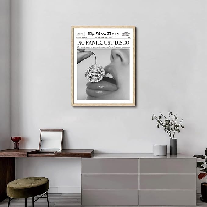Bwodke OAK Wood Framed Wall Art No Panic Just Disco Canvas Art Vintage Newspaper Headline Pictures Wall Decor Trendy Cherry Disco Ball Prints for Girly Dorm Bedroom 16"x20"