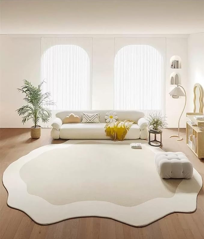 Minimalist Cream Beige Irregular Area Rug 5x8 Modern Abstract Shaped Rugs for Living Room Guestroom Meetingroom Unique Designer Low Pile Washable Carpet Funky Boho Bedroom Home Office Anti Slip Mats