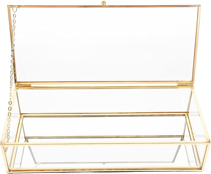 Vintage Glass Jewelry Box with Metal Frame 23x10x5.5cm, Decorative Ring Storage Case with Lid for Home Perfume and Cosmetic Organizer