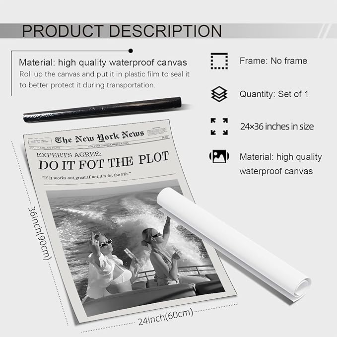 noxozoqm Black and White Fashion Hot Girl Poster Fun Do It For The Plot Newspaper Wall Art Retro Girly Canvas Prints for bar Cart Decor 24X36 inch Unframed