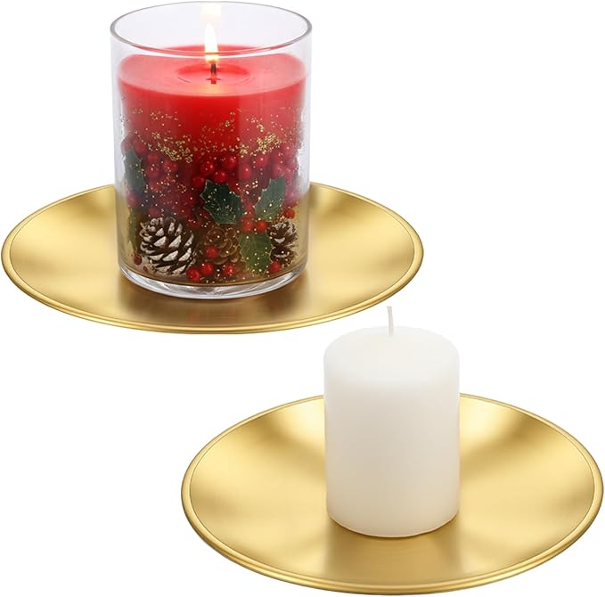 2 Pack Gold Pillar Candle Holders Decor, 5.5 Inch Round Flat Candle Tray for Pillar Scented Ball Candles Decorative Candle Stand for Coffee Table Decor Wedding Party Home Decor