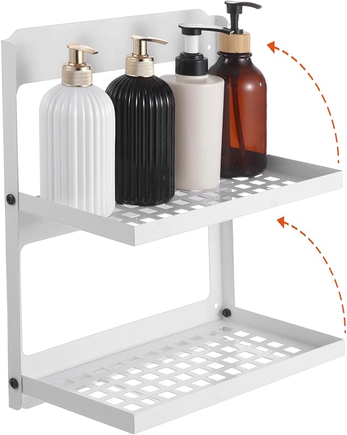 OMISTAR 2-Tier Folding Metal Wall Shelf, Foldable Wall-Mounted Rack, Space-Saving Double-Layer Shelf, Black Iron Floating Shelf for Kitchen, Bathroom, Laundry, Easy Installation with Screws (White)