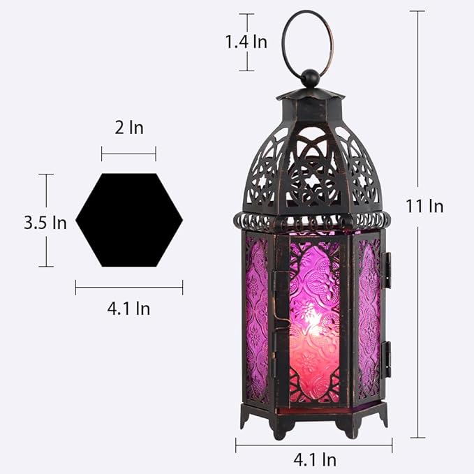 DECORKEY Halloween Lanterns Decorations Indoor & Outdoor, 11’’ Medium Size Vintage Metal Hanging&Tabletop Candle Holder Decor, Christmas Ramadan Decorations for Home Porch Patio (Purple)