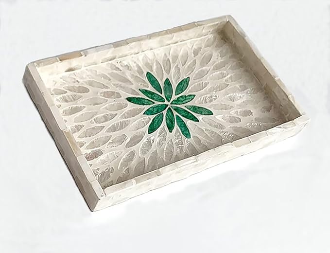 9.8In Rectangle Serving Tray with Mother of Pearl for Breakfast in Bed Tray Ottoman for Living Room Decorative Trays for Coffee Table Handmade Eating Trays for Bathroom Kitchen