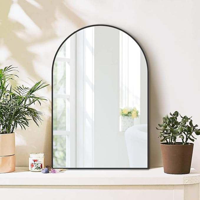 Arched Wall Mirror, Black Decorative Hanging Mirror, 30"x20" Vanity Mirror Brushed Aluminum Alloy Frame for Bathroom, Bedroom, Living Room, Entryway, Hang Vertical or Horizontal