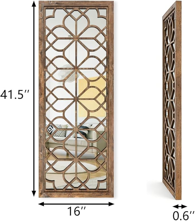 Set of 2 16x41.5 Inch Large Carved Floral Wood Frame Wall Mirrors, Shatterproof Boho Farmhouse Rustic Accent Mirrors for Living Room, Bedroom, Bathroom, Entryway & Home Wall Decor （Redbrown）