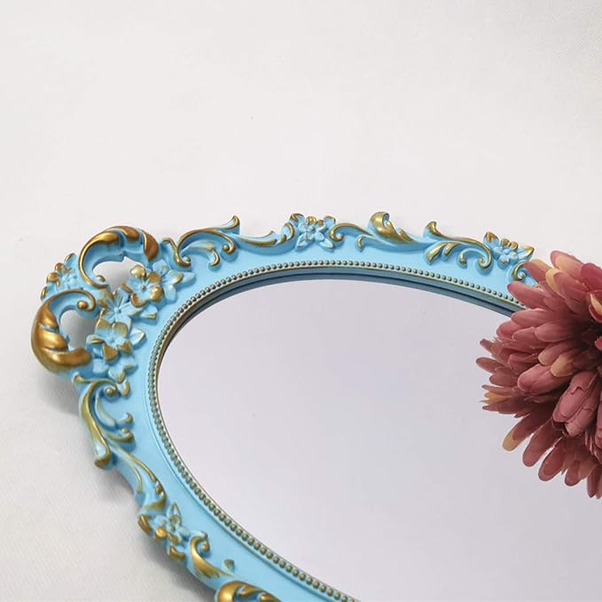 Oval Decorative Mirror Tray, French Style Flower Frame, Makeup Organizer, Jewelry Organizer, Serving Tray, 9.8"x 14.6", Golden Blue
