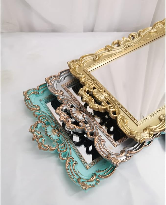 Shell Rectangle Decorative Mirror Tray, French Style, Makeup Organizer, Jewelry Organizer, Serving Tray, 9.3"x 14.9", Gold