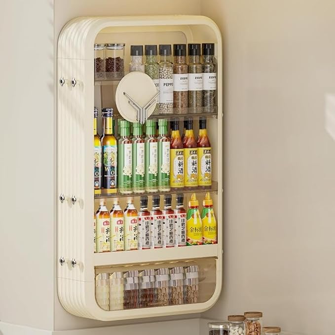 Wall Storage Rack with Open Storage, Floating Cosmetics Rack with Large Capacity Wall Mounted Storage Shelf with Tissue Hole 4 Tiers Makeup Organizer with Hooks Beige for Bathroom