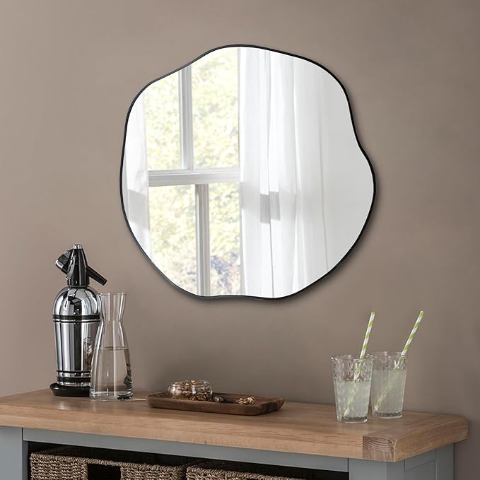 POZINO Irregular Round Mirror, 25" Asymmetrical Circle Mirrors, Scalloped Mirror Over Sink, Modern Frameless Abstract Mirrors for Living Room Bedroom Bathroom Entryway Hallway Fireplace