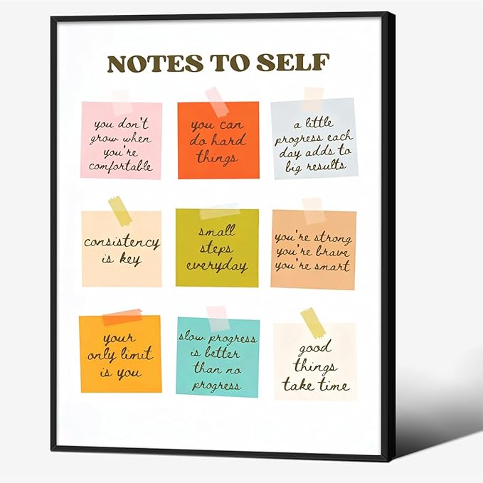 Notes To Self Motivational Quotes Wall Art Mental Health Canvas Poster 08x10 inch Black Framed Modern Colorful Inspirational Prints for Office Home Living Room Wall Decor