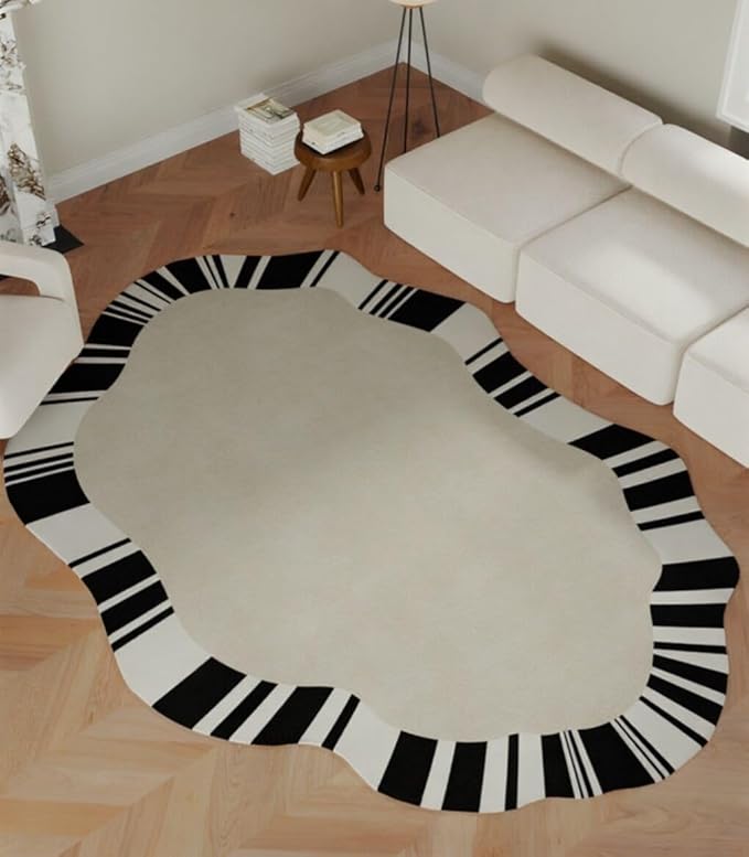 Beige Black White Stripes Irregular Area Rug for Bedroom Living Room Diningroom Non Slip Non Shedding Carpet Mid Century Modern Abstract Shaped Rug Minimalist Home Office Guestroom Floor Mats 6x8