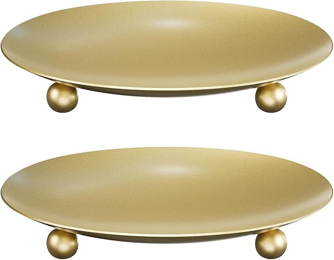 Gold Candle Holders for Pillar Candles, Set of 2 Premium Metal Candle Plates Candle Stand for LED or Wax Candles, Decorative Pillar Candle Holder Dish for Table Centerpiece