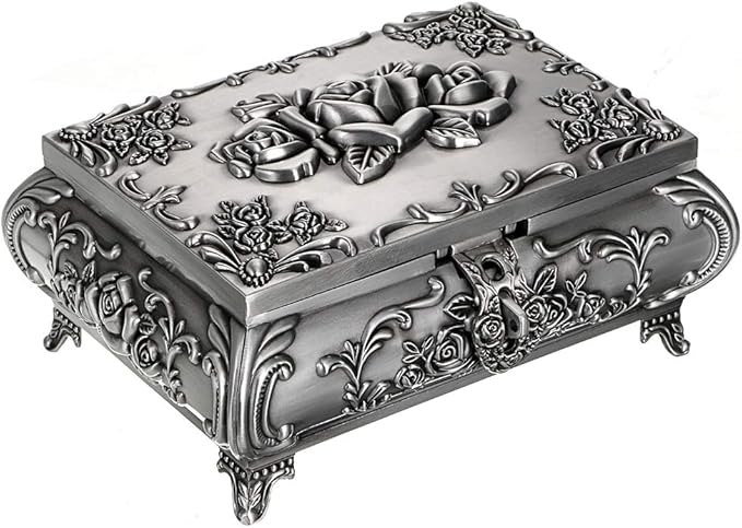 Hipiwe Vintage Metal Jewelry Box Small Trinket Jewelry Storage box For Rings Earrings Necklace Treasure Chest Organizer Antique jewelry Keepsake gift Box Case for Women (Large)