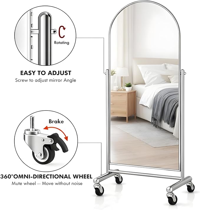 Arched Full Length Rolling Mirror on Wheels, 65"Lx24"W Large Modern Tilting Swivel Mirror with Tempered Glass & Metal Frame, Use for Dressing,Dance Studio,Fitness,Home Gym, Barbershop (Silver)