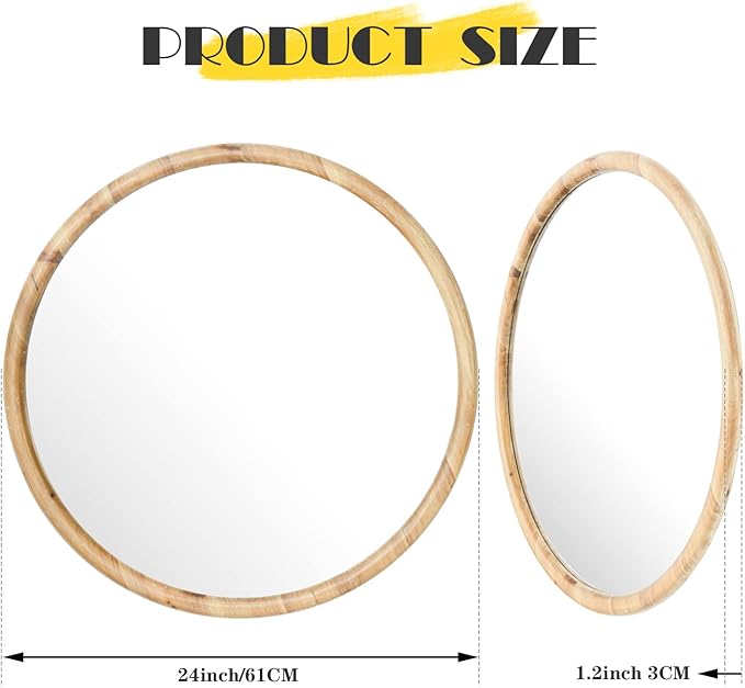 sawsile Round Wood Mirror 24" Natural Circle Wooden Nursery Farmhouse Rustic Decorative Large Wall Mirror for Bathroom,Living Room, Fireplace,Hallway