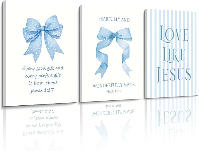 Dytila 3 Piece Blue Bows Wall Art for Girls Room, Bible Verse Pictures Bathroom Decor, Coquette Wall Artwork, Cute Teen Bedroom Decoration, Dorm Decor for College, College Gifts for Girls 12x16 Inch