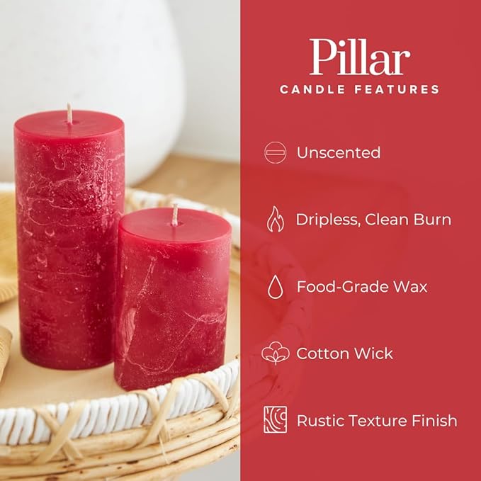 Simply Soson 3x6 inch Red Pillar Candles Set of 3, Rustic Texture, Unscented Red Candles, Dripless Candles, 3 inch Pillar Candles Ideal as Wedding, Parties, Spas, Dinner, Home Decoration, Church