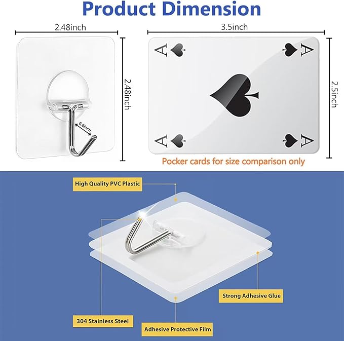 JINSHUNFA Adhesive Wall Hooks 13LB Heavy Duty No Drill Transparent Waterproof Hooks for Bathroom Kitchen Towel Coat 8 Pack