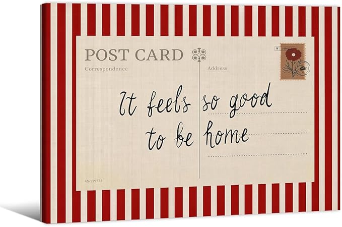 Red Vintage Postcard Poster It Feels So Good To Be Home Quote Wall Art Mid Century Modern Striped Canvas Prints for Living Room Bedroom Wall Decor 16X20 inch Wood Framed
