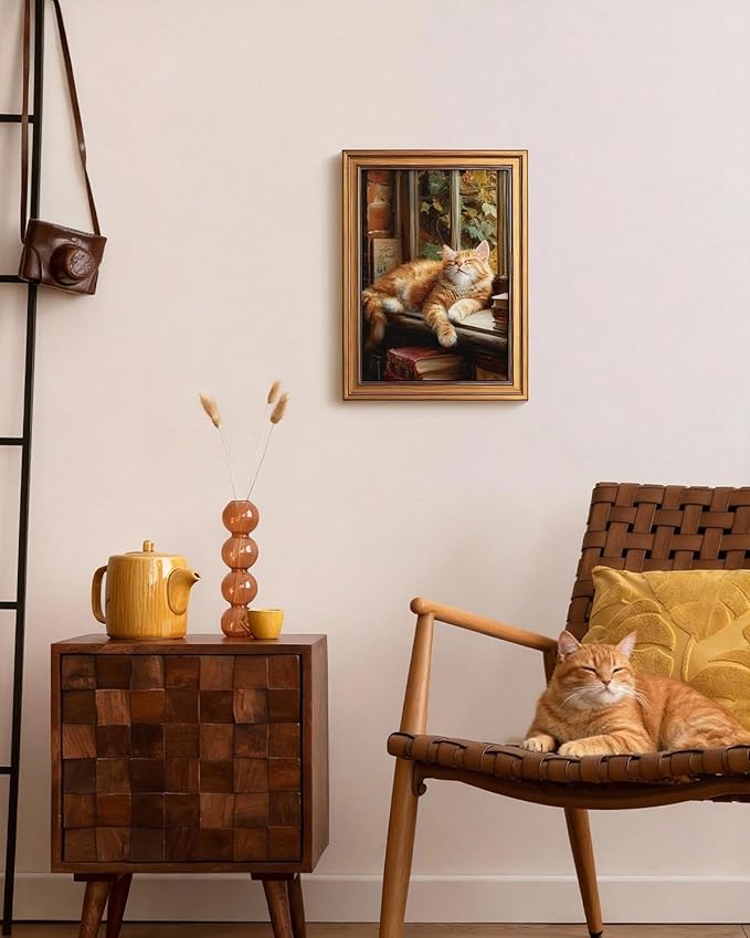 HUARCEY Gold Framed Canvas Wall Art, Book Cat Vintage Decor, Rustic Vintage Neutral Canvas Paintings Retro Table Desk Picturesfor Bathroom Bedroom Living Room, 12x16Inch