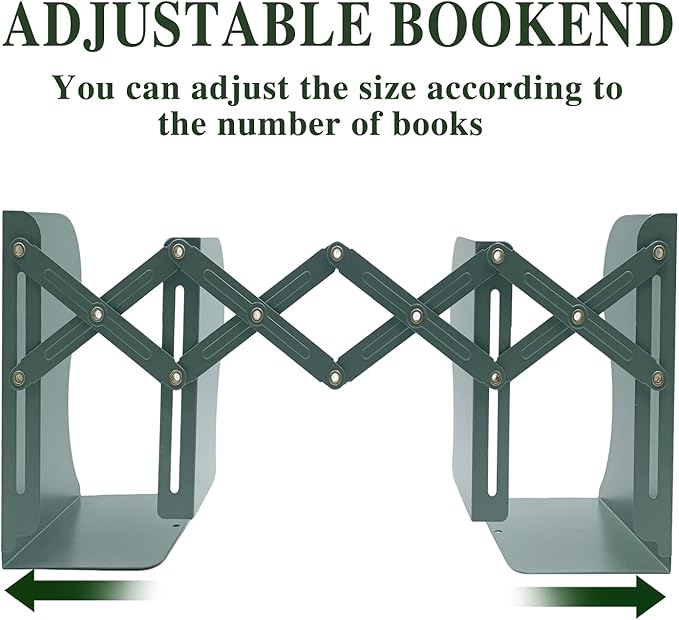 Adjustable Bookends Non Skid Decorative Bookends,Metal Bookend for Heavy Books,Bookshelf Organizer Holder for Books and Magazines for Desk(Green)