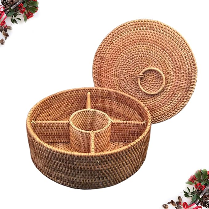 Woven Wicker Round Baskets with Lid Divided Rattan Sundries Box 29cm for Dried Fruit Nuts Bowl Keys Jewelry Makeup Counter Organizer