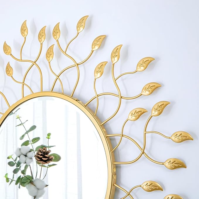 Chende 32" x 32" Large Mirror for Living Room Decor, Round Wall Mirror with Metal Leaves, Beveled Decorative Mirror for Entryway, Dining Room, Bedroom
