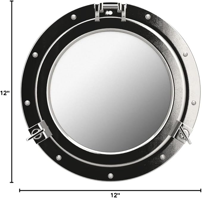 12 Inch Vintage Ship Porthole Mirror - Antique Nickel Silver White Finish Round Wall Mounted Mirror for Bathroom, Nautical, Coastal and Maritime Home Decor