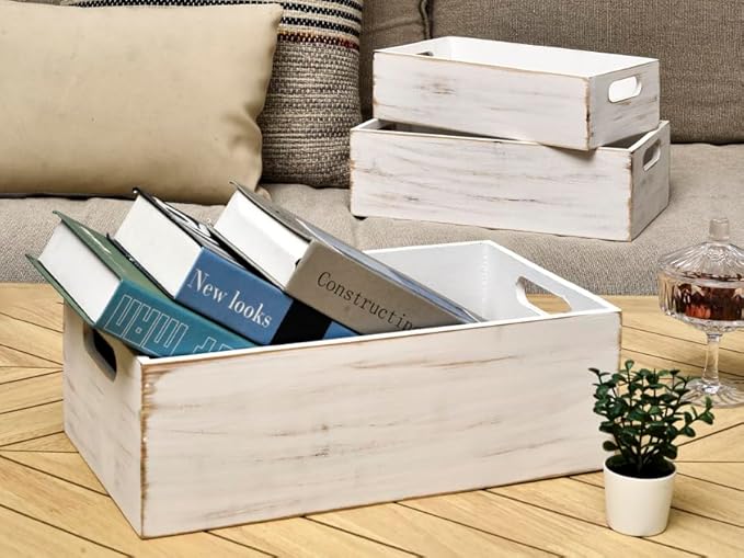 Set of 3 White Wooden Boxes for Storage Small Crates for Display and Organizing, Farmhouse Style Storage Boxes for Crafts, Decor, Home Pantry and Living Room
