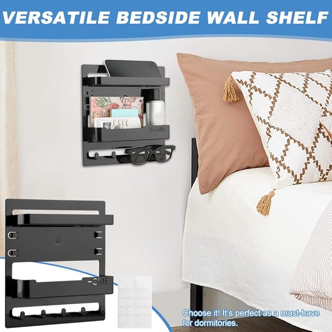 Bedside Shelf Wall Mount and Wall Nightstand for Bedroom,Adhesive Nightstand Wallshelf with 5 Hooks,Wall Mount Shelf Organizer for Charging Station and Remote Control Holder(Black)
