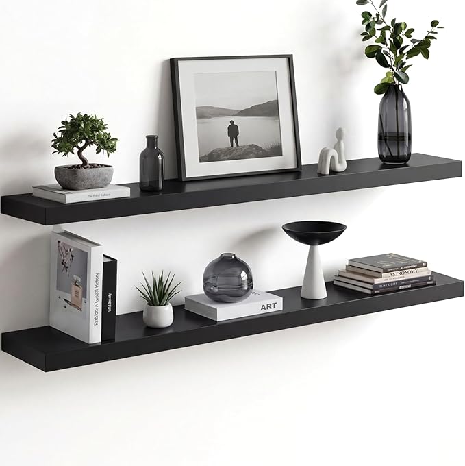 Homeforia Floating Black Shelf 42 inch, High End Solid Real Wood 42 inches Long Floating Shelves for Wall, Black Wooden 42inch Large Floating Shelves, Heavy Duty Bracket, 42 X 6.5 X 1.75 in, Set of 3