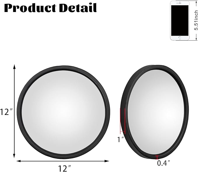 12" Matte Black Round Convex Mirror, Small Circle Wall Mirror with Thick Metal Framed, Round Decorative Wall Mirrors for Bathroom, Vanity