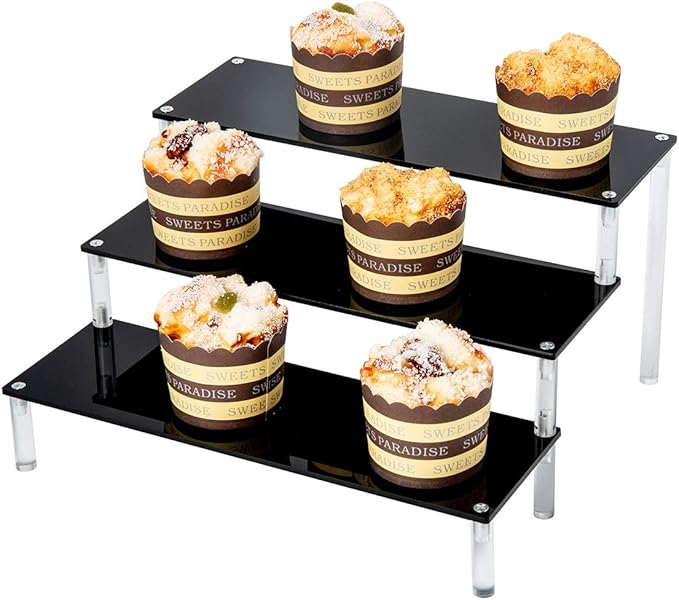 BYCY Black Acrylic Display Stand Perfume Display Stand, 3 Tier Desserts Holder,3 Tier Cupcake Display Risers Steps for Organizer and Decoration