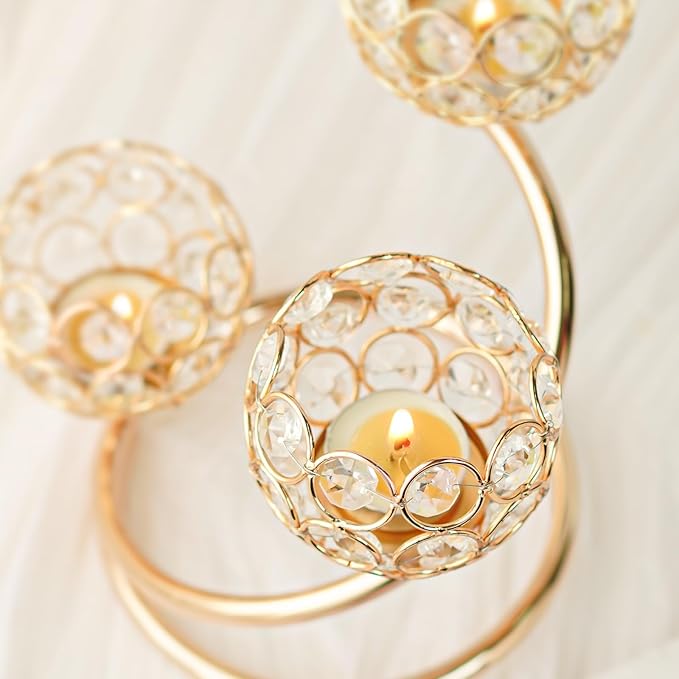Metal Crystal Candle Holder Set of 3 - Elegant 5-Arm Metal Tea Light Centerpiece with Shining Crystal Bowl, Wedding Anniversary Table Decor for Dining, Party (Gold, 2 Pcs 3 Arm)